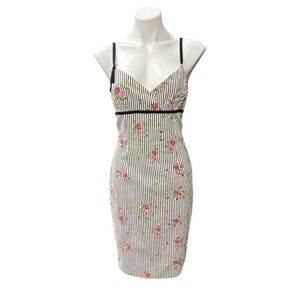Y2K Maggy London floral Embroidered Roses Striped Babydoll Dress Sz12
